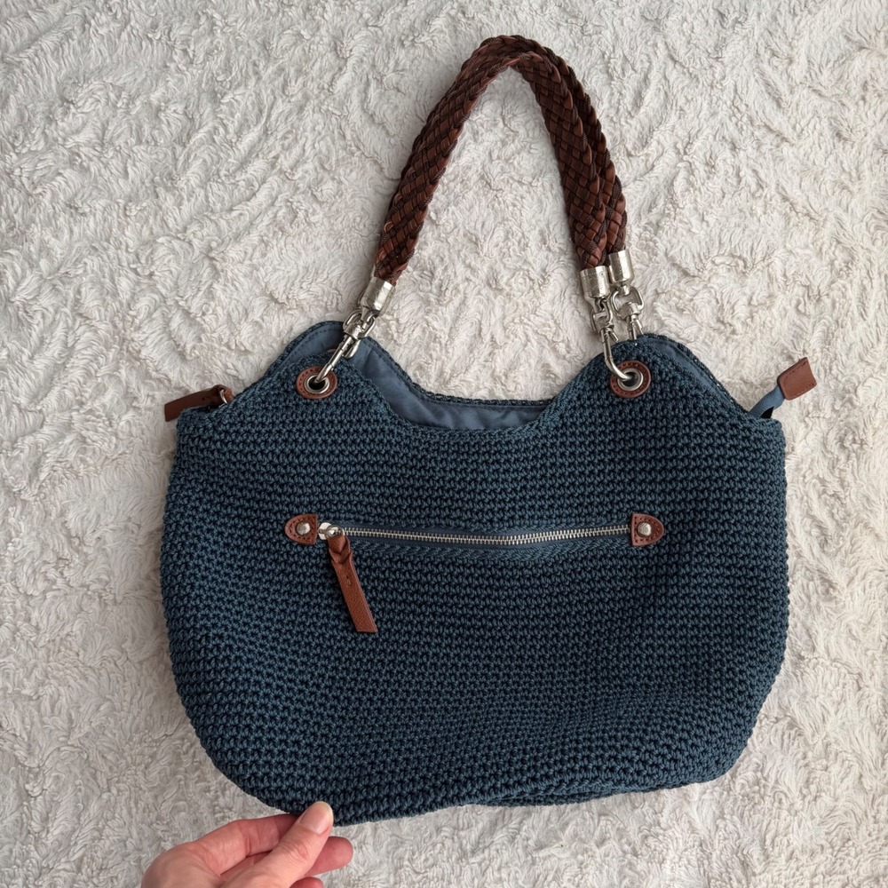 The Sak Indio Crochet Shoulder Bag Indigo Blue Braided Strap Hobo Purse Handbag - Picture 5 of 17